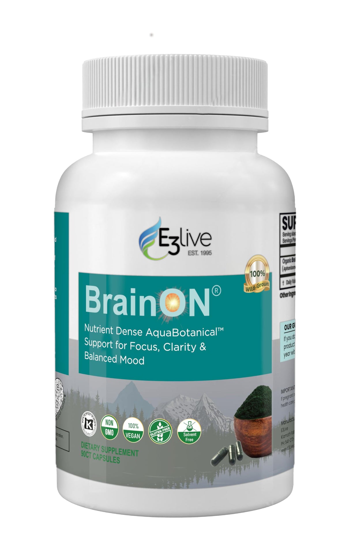E3LIVE BrainON frente del envase mostrando 90 cápsulas y conveniencia