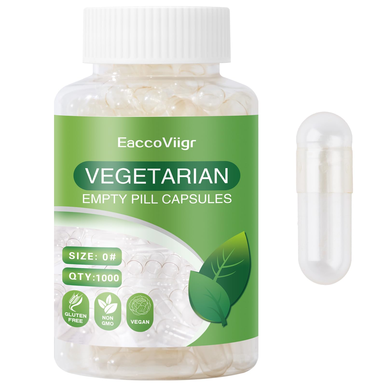 EaccoViigr empaque frontal claro mostrando 1000 cápsulas veganas y kit