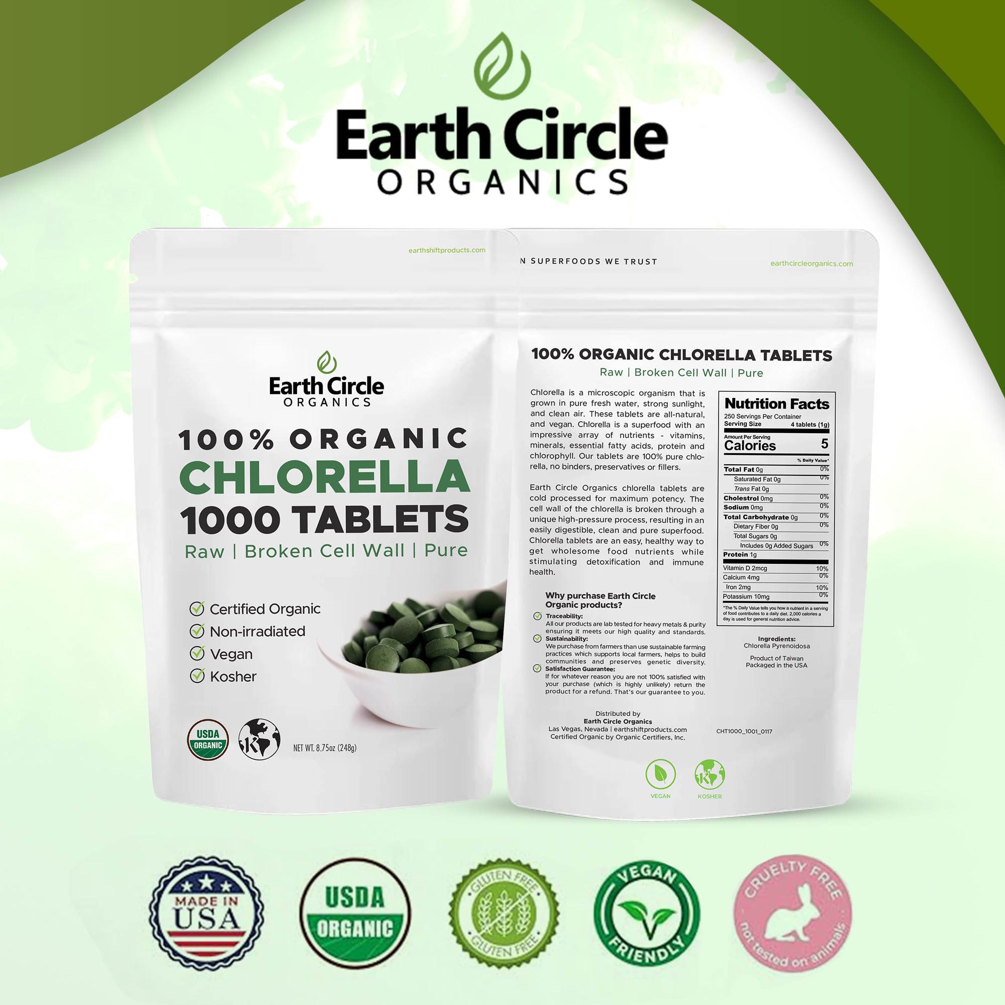 Earth Circle Organics etiqueta con sellos USDA Organic, Non-GMO y Kosher