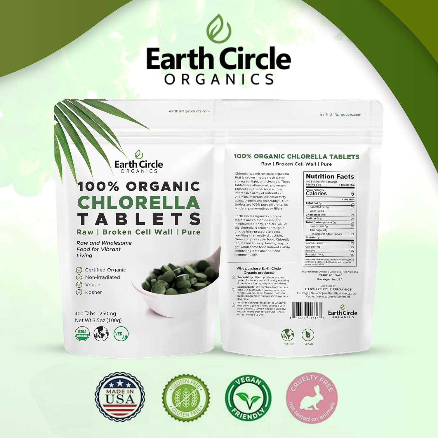 Earth Circle Organics etiqueta con certificaciones orgánicas y seguridad visible