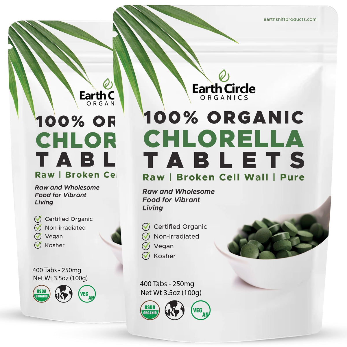 Earth Circle Organics frasco delante mostrando la etiqueta y beneficios