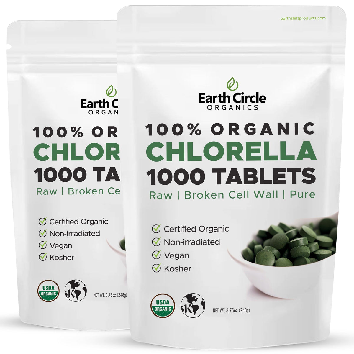 Earth Circle Organics envase frontal mostrando 1000 tabletas y certificaciones