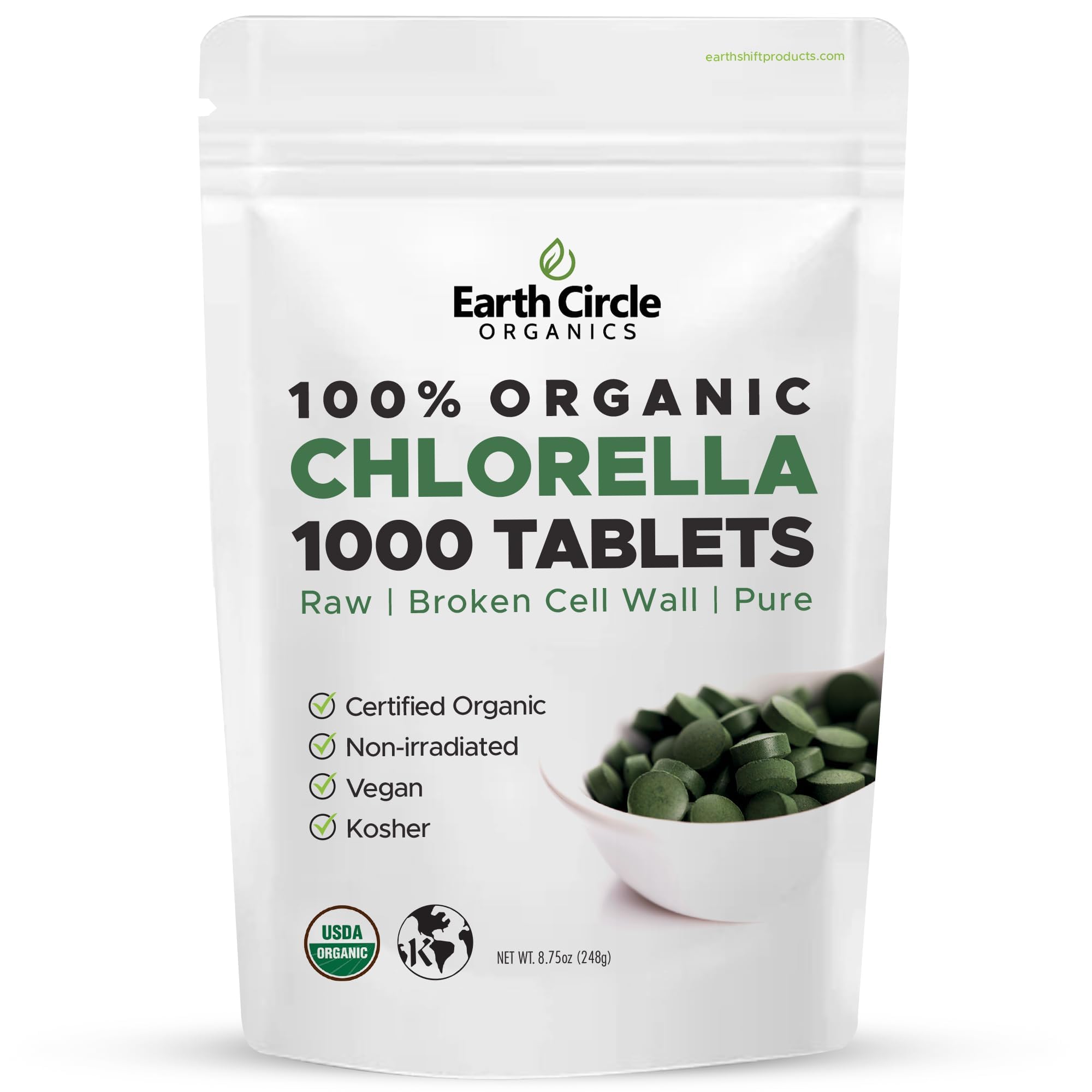Earth Circle Organics envase frontal de chlorella orgánica mostrando etiquetado y beneficios