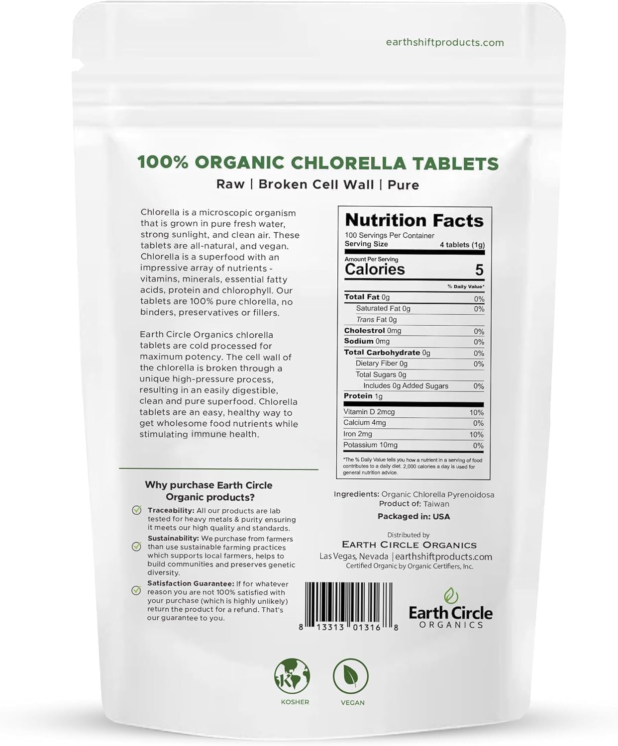Detalle del polvo de Chlorella Earth Circle Organics, color verde intenso