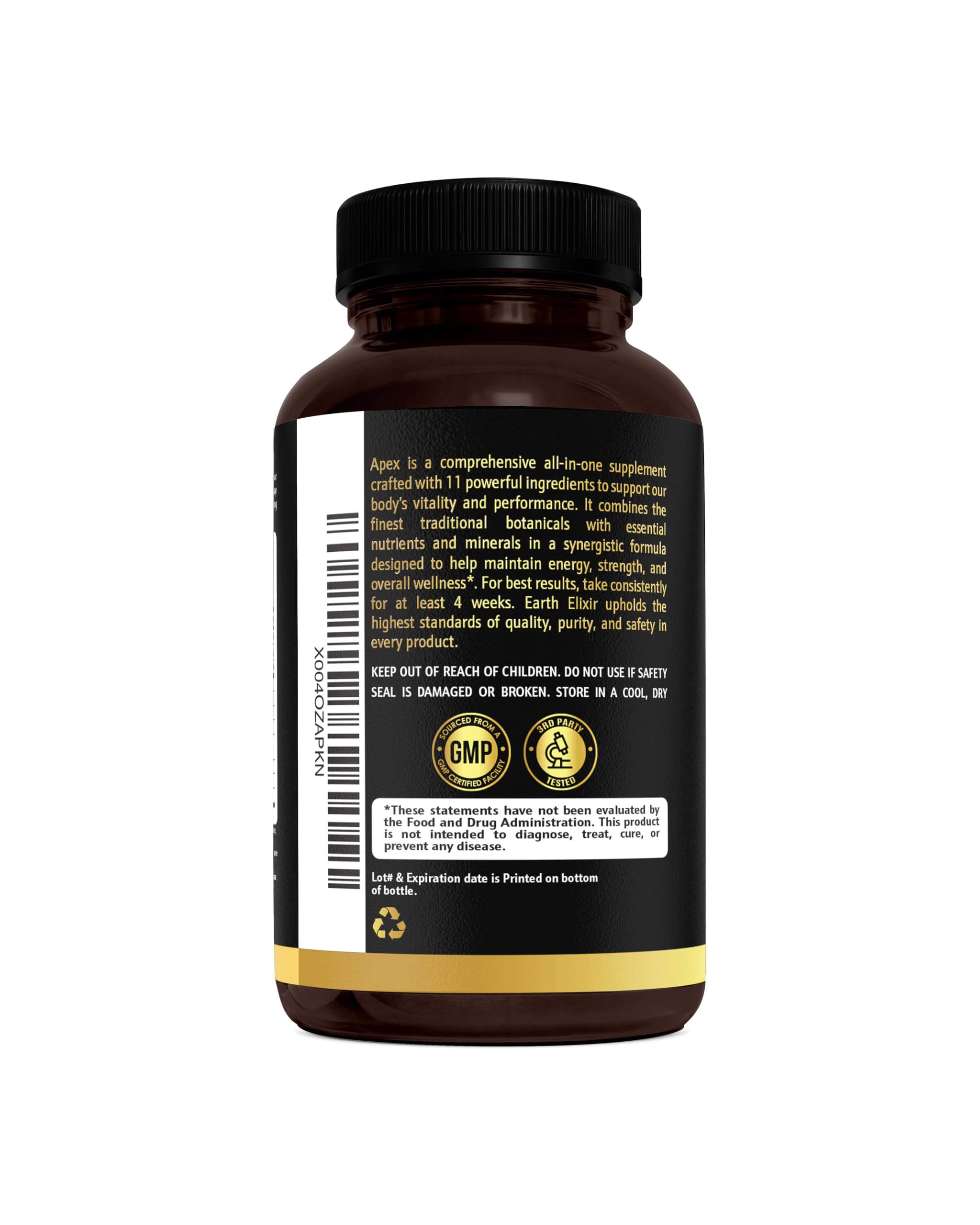 Earth Elixir Apex detalle de la botella indicando calidad y confianza
