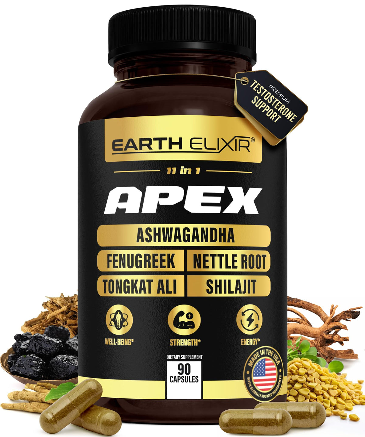 Earth Elixir Apex frontal del envase, presentación clara y beneficios