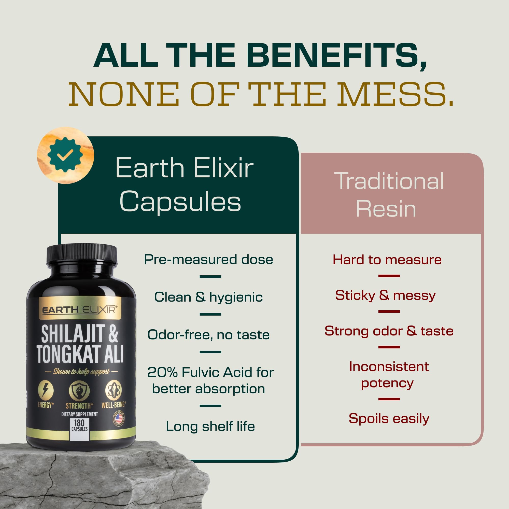 Earth Elixir cápsula abierta mostrando polvo de shilajit y fulvic acid