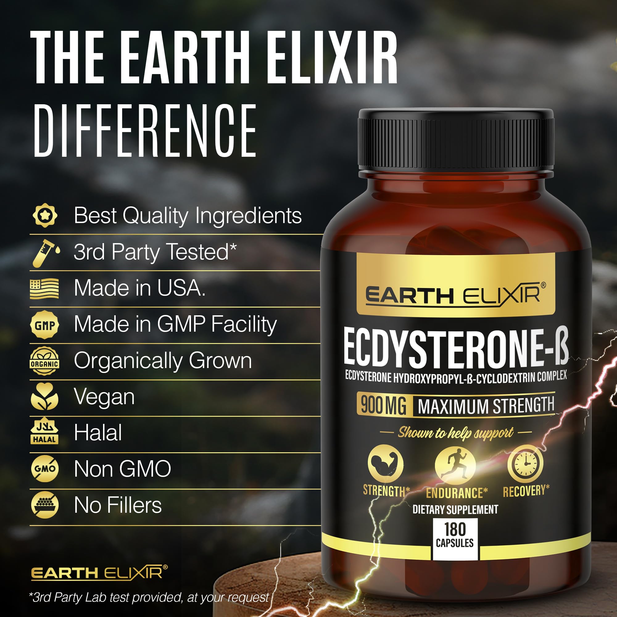 Earth Elixir etiqueta con ingredientes y concentraciones estandarizadas