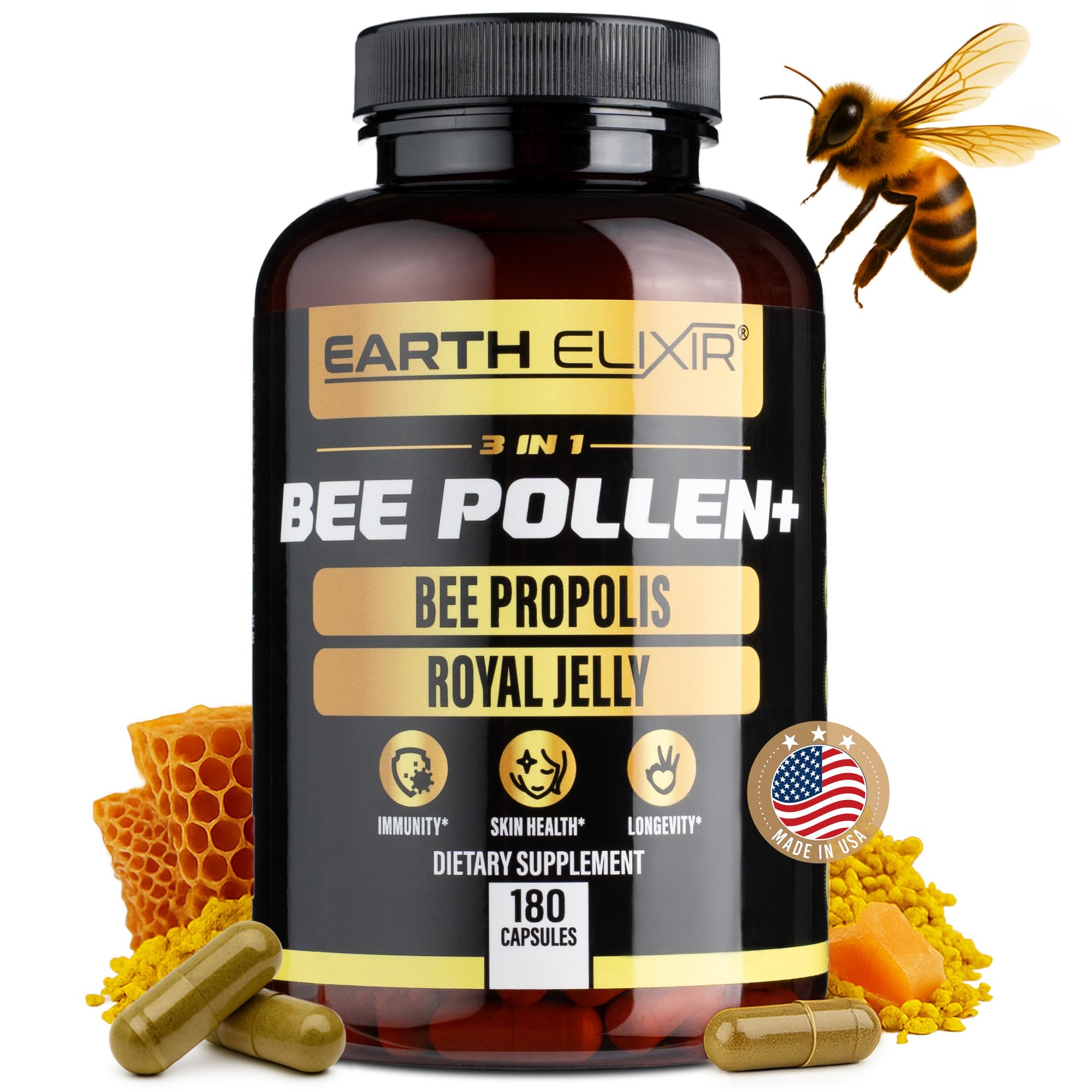 Earth Elixir frente del empaque mostrando 180 cápsulas y beneficios