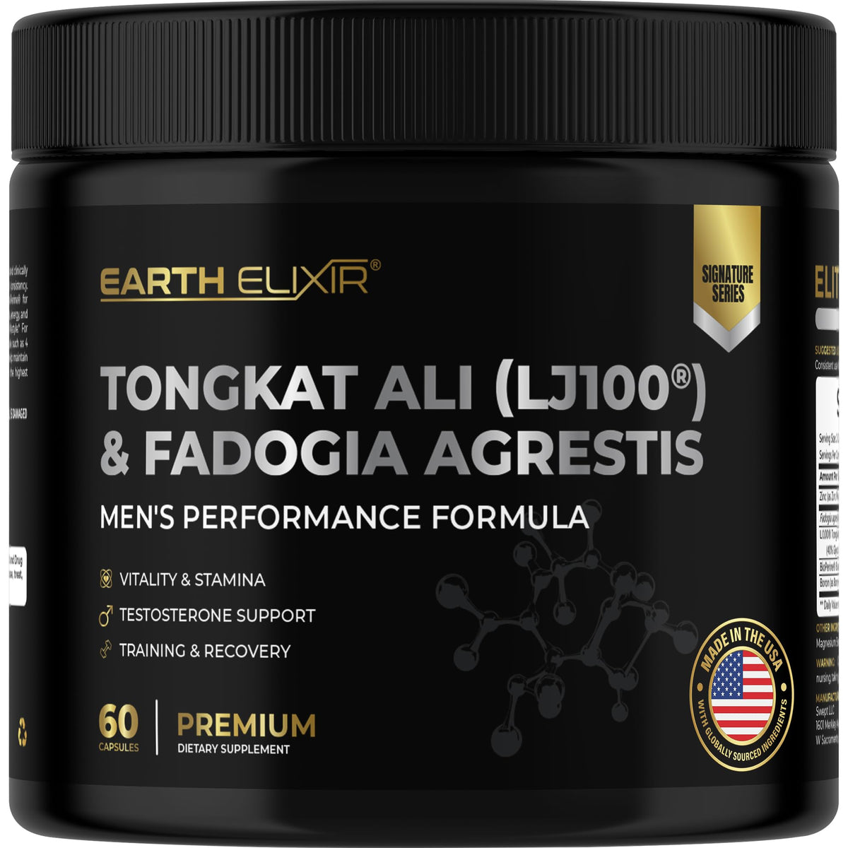 Earth Elixir envase frontal mostrando fórmula LJ100 y Fadogia para confianza