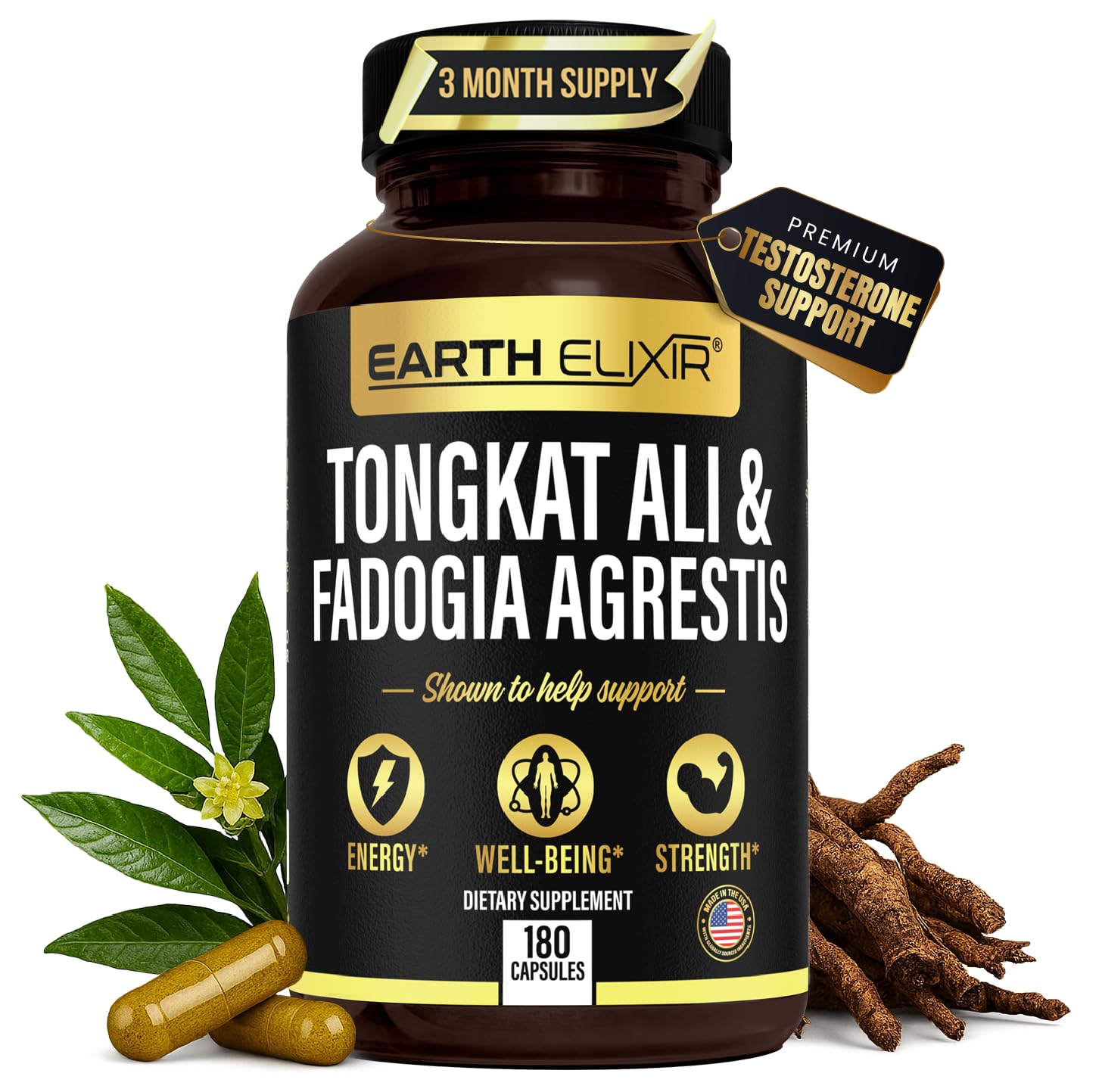 Earth Elixir envase frontal mostrando fórmula y beneficio de fuerza
