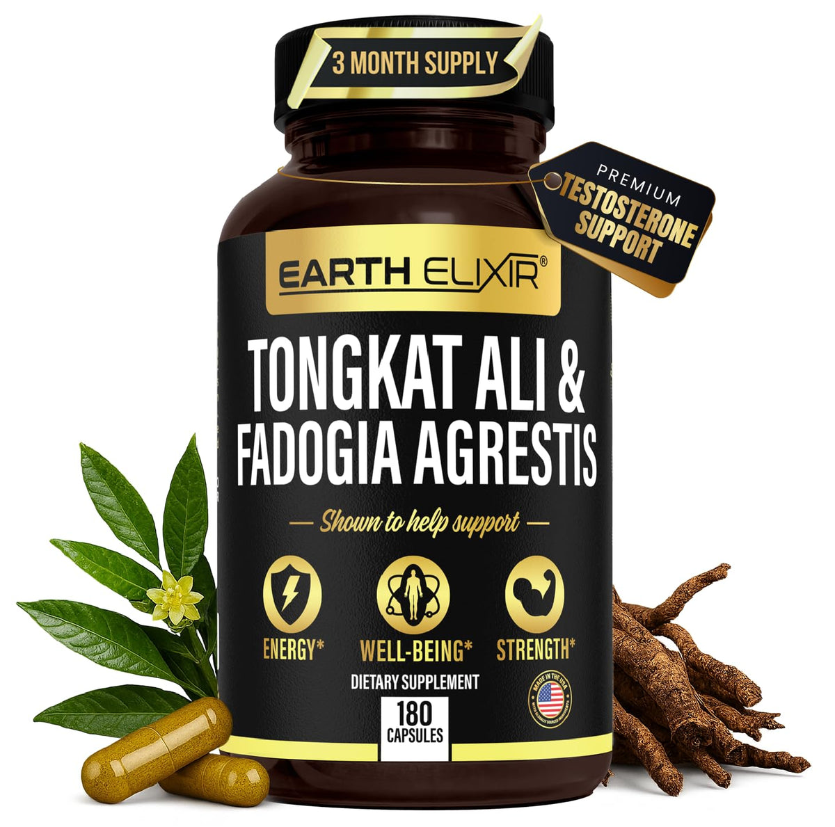 Earth Elixir envase frontal mostrando fórmula y beneficio de fuerza