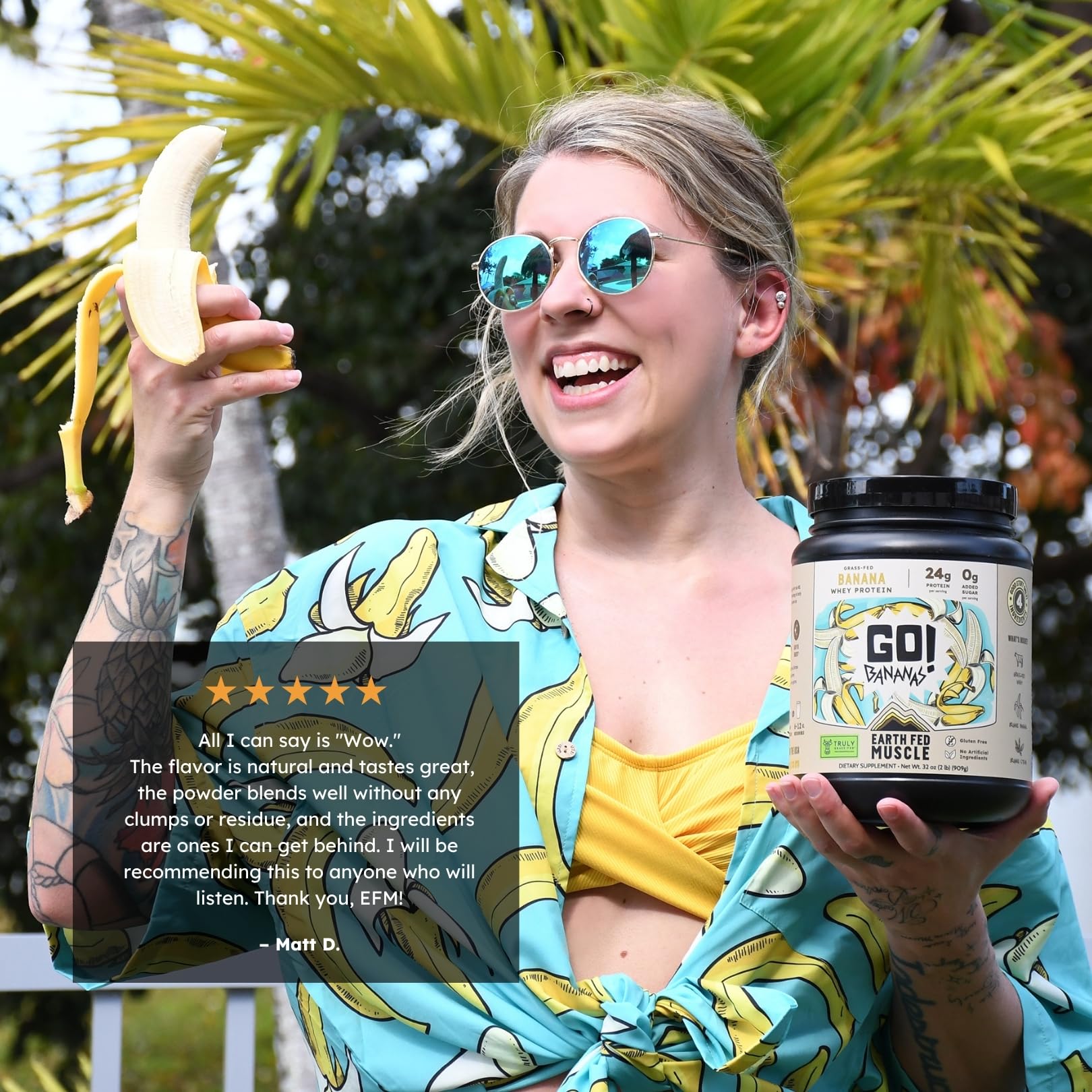 Earth Fed Muscle batido servido con Go! Bananas sabor plátano listo para beber