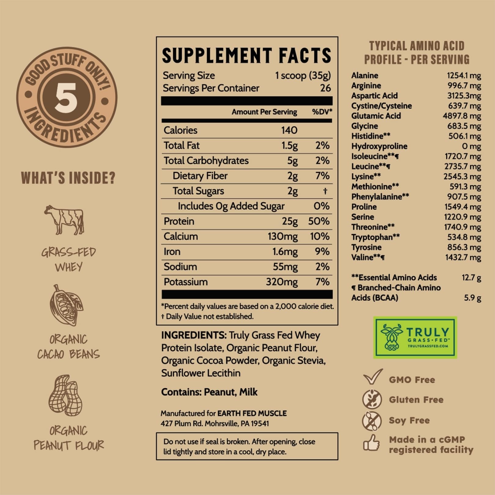 Cacao en polvo cerca del envase Earth Fed Muscle resaltando sabor natural