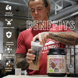 Producto Earth Fed Muscle al lado de una pesa para comparar tamaño y porciones