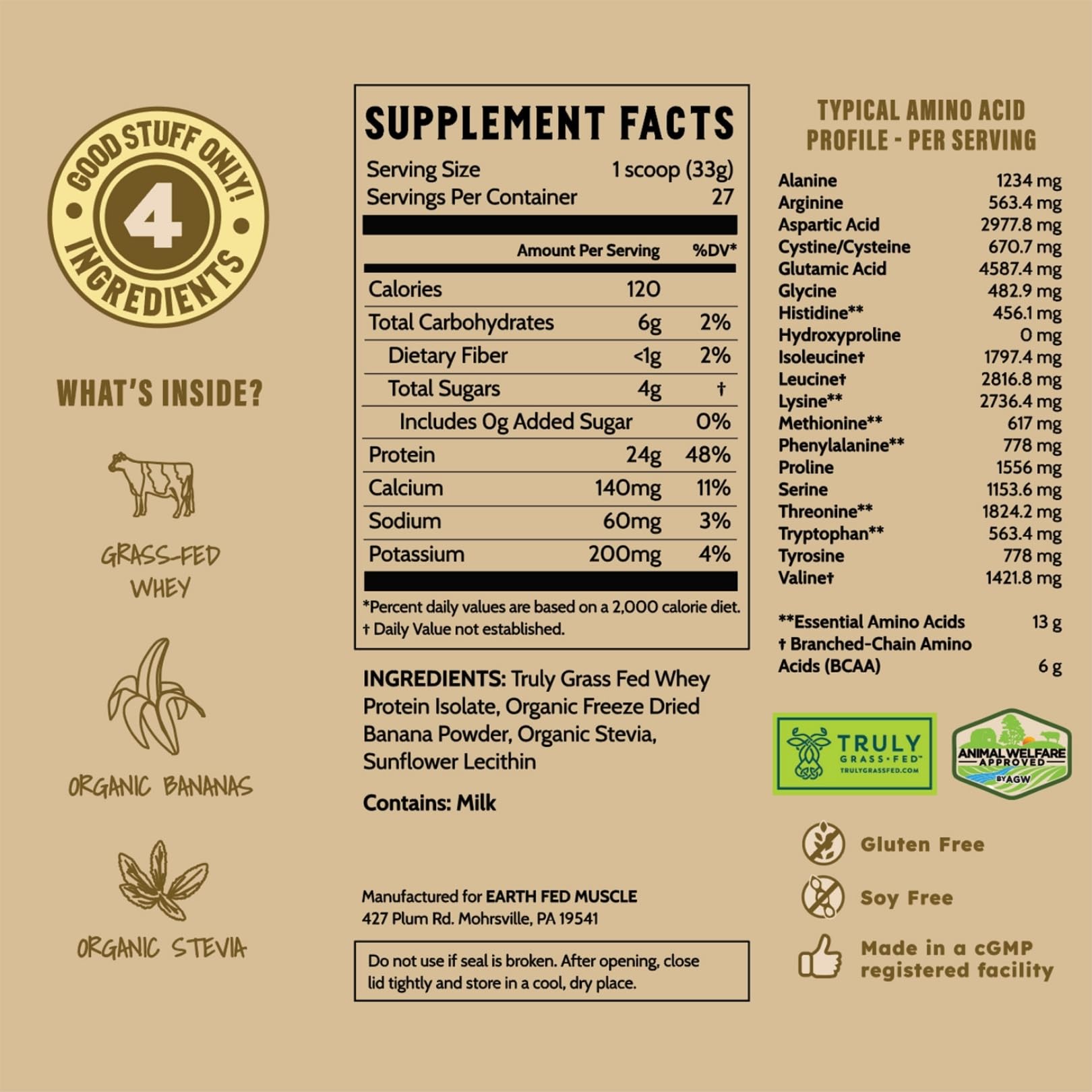 Earth Fed Muscle comparación de tamaño del bote 2 lb Go! Bananas para referencia