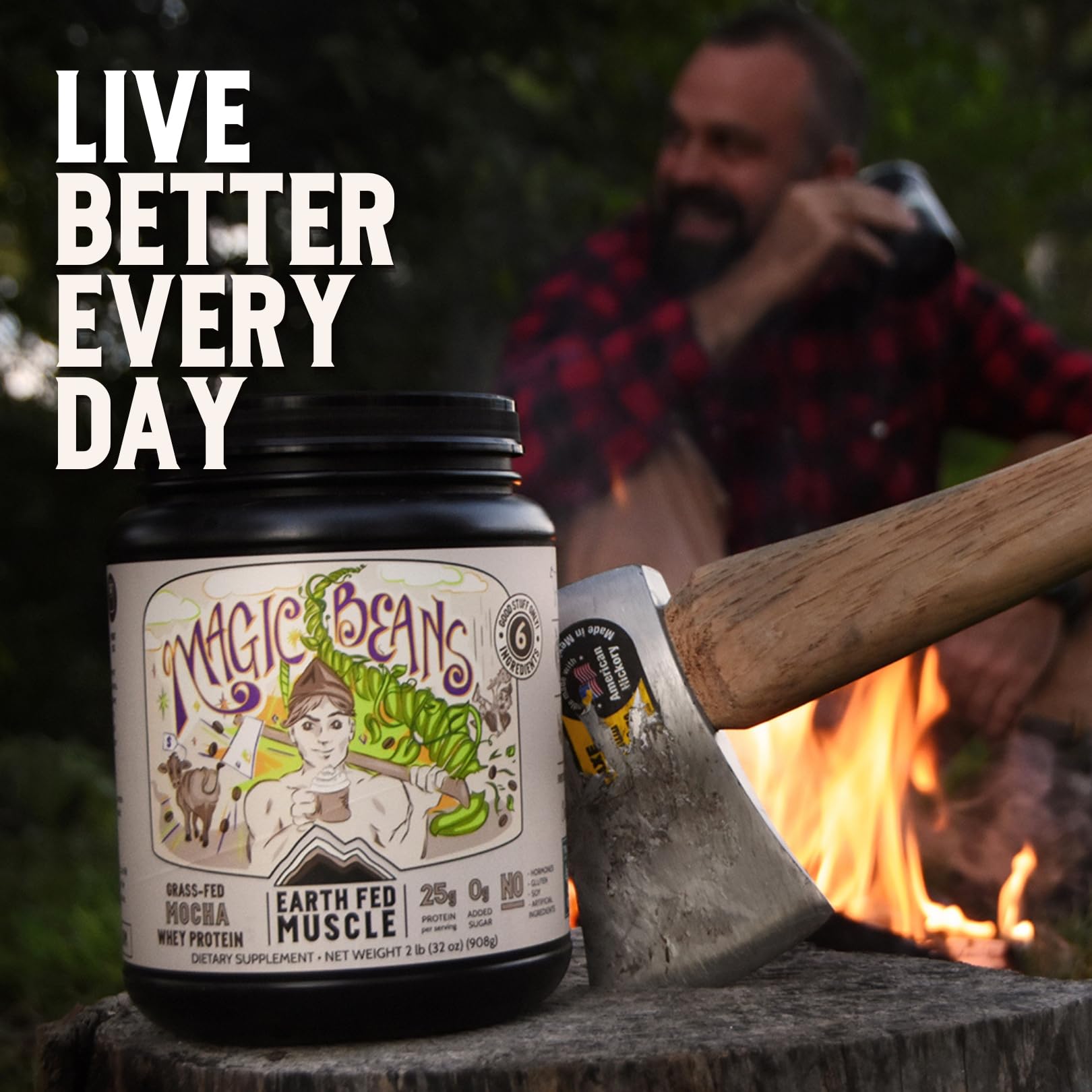 Earth Fed Muscle envase junto a una cuchara para escala de porciones