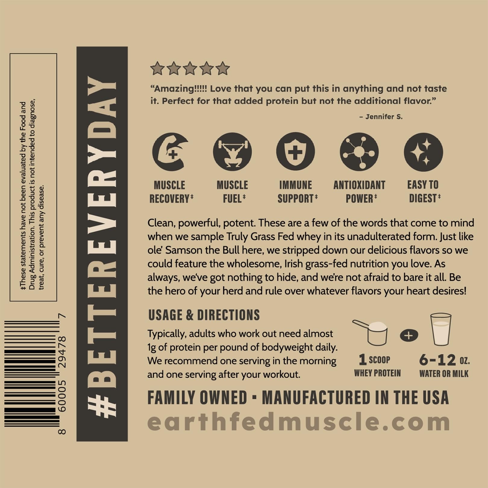 Earth Fed Muscle envase junto a objetos para comparar tamaño