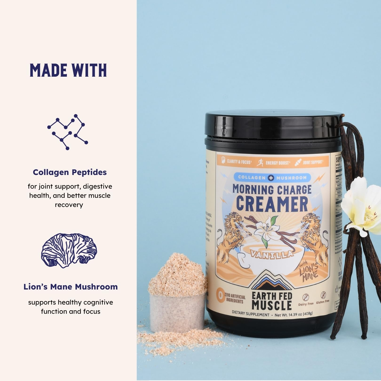 Earth Fed Muscle creamer integrándose en café caliente cremoso