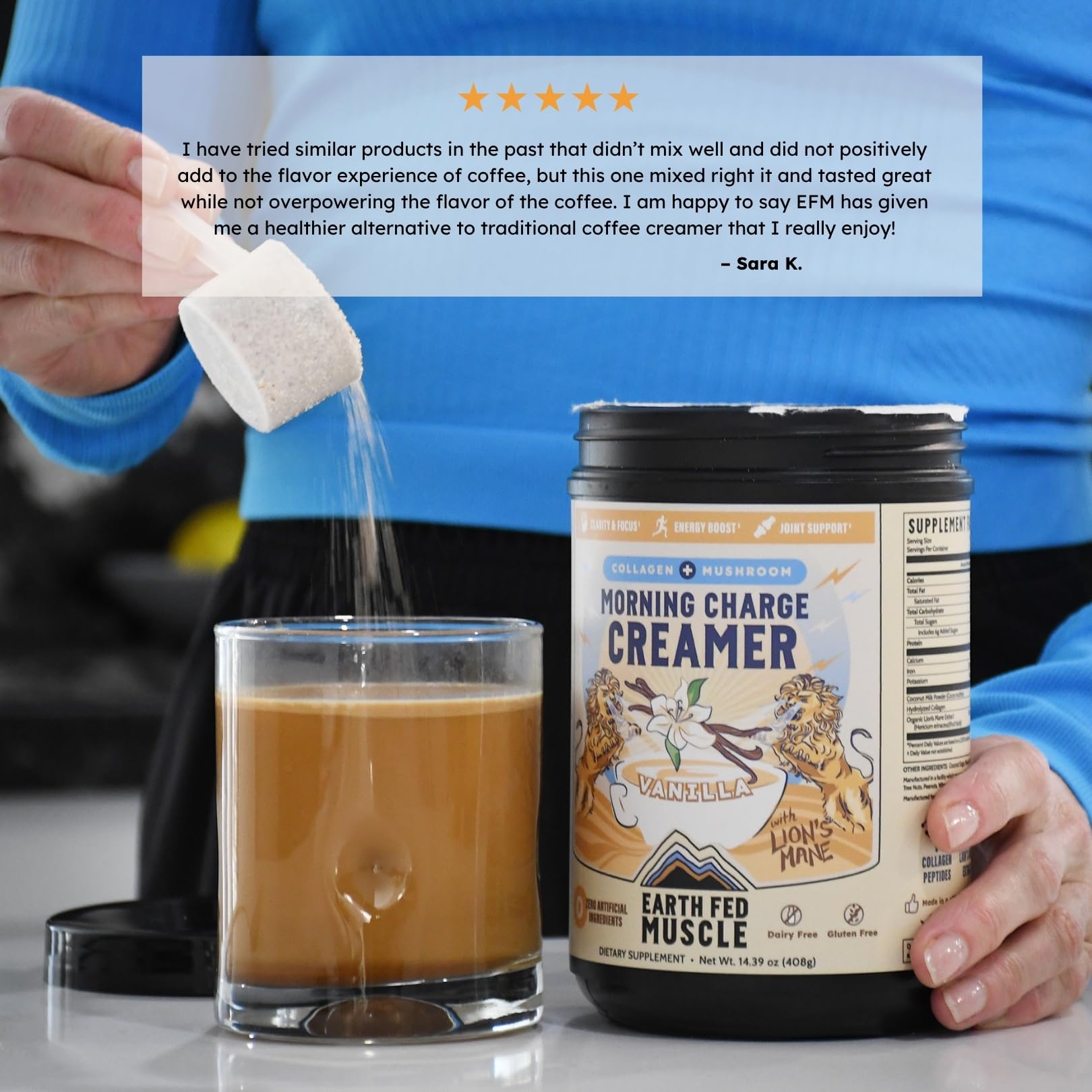 Earth Fed Muscle cucharada con polvo lista para agregar al café