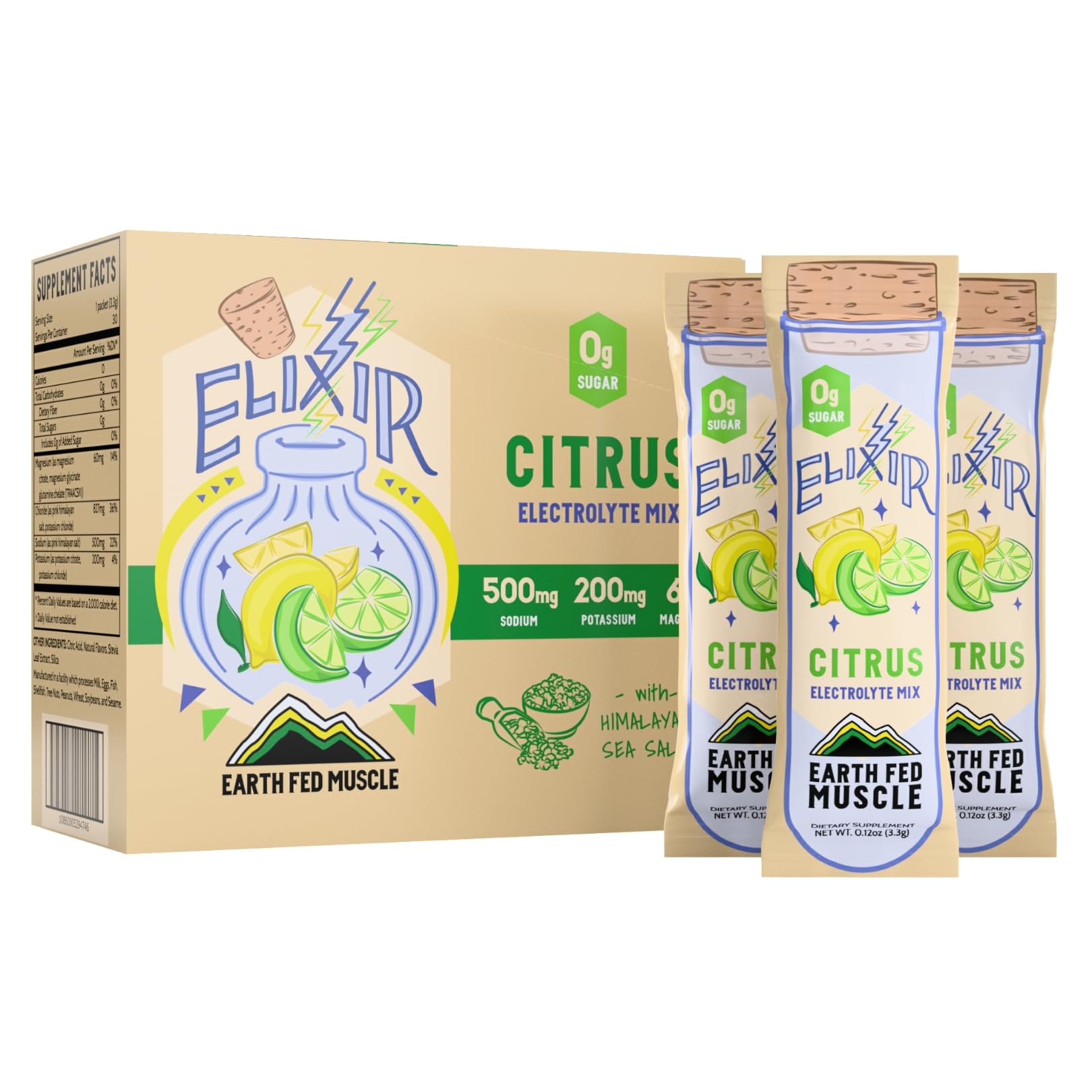 Earth Fed Muscle empaque frontal mostrando sobres y beneficios