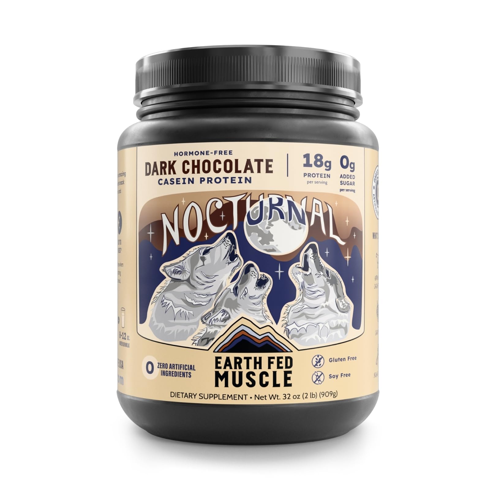 Earth Fed Muscle envase frontal mostrando sabor chocolate oscuro y 23 porciones