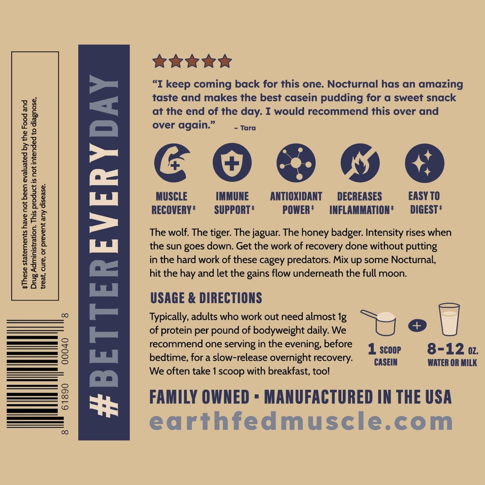 Earth Fed Muscle escena nocturna en cocina para batido antes de dormir