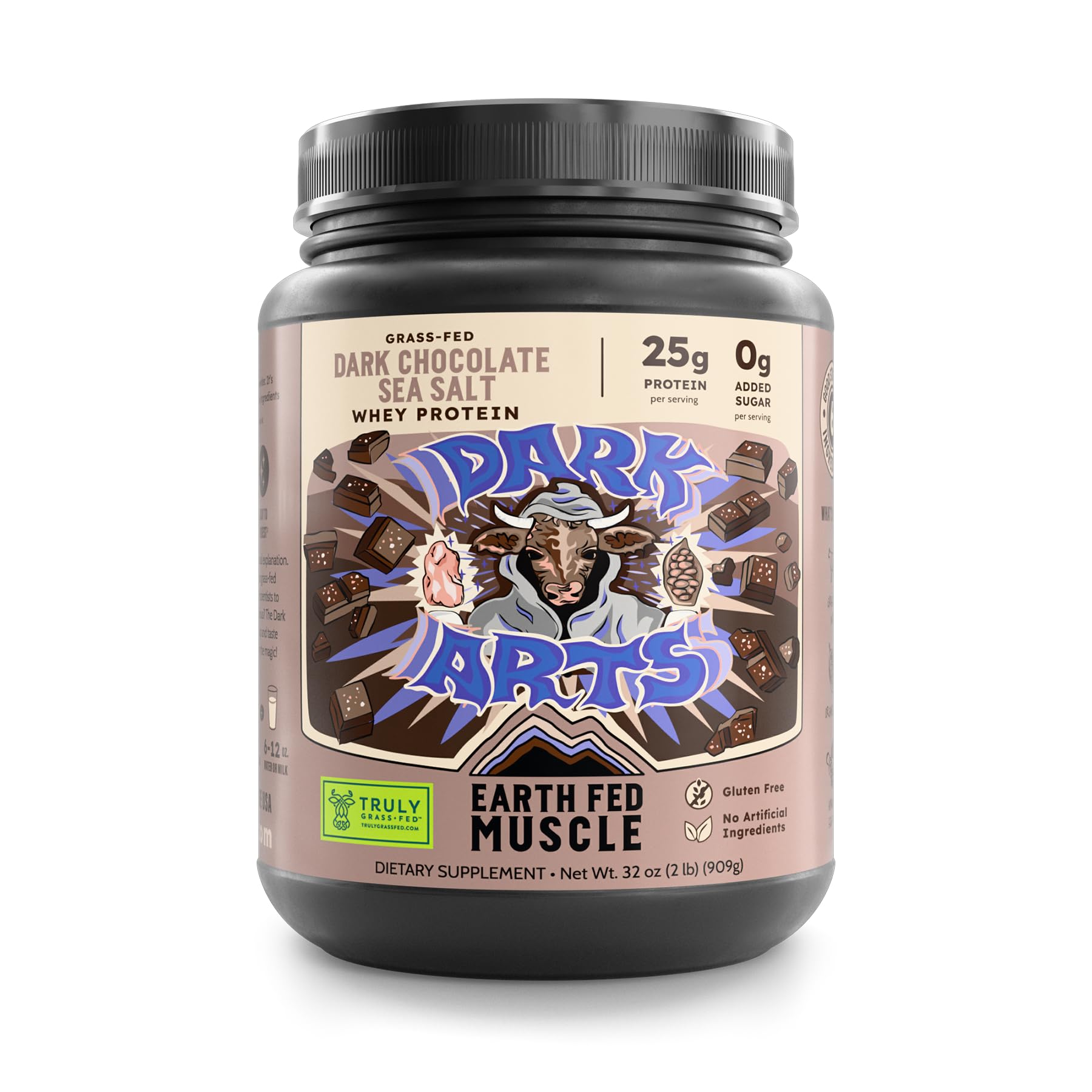 Earth Fed Muscle frontal del envase mostrando sello third-party y beneficios