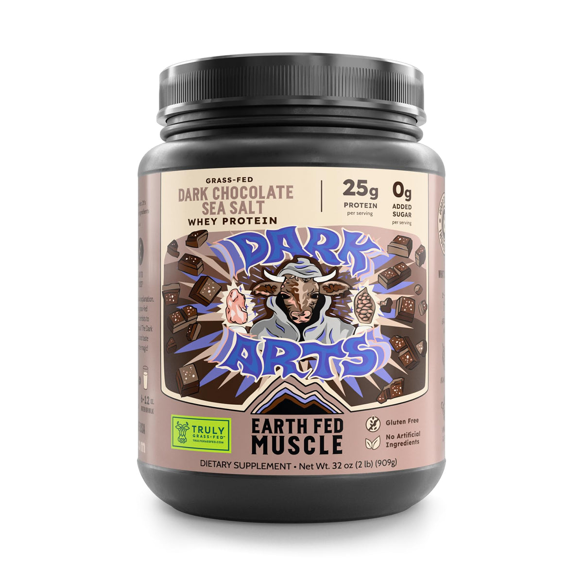 Earth Fed Muscle frontal del envase mostrando sello third-party y beneficios