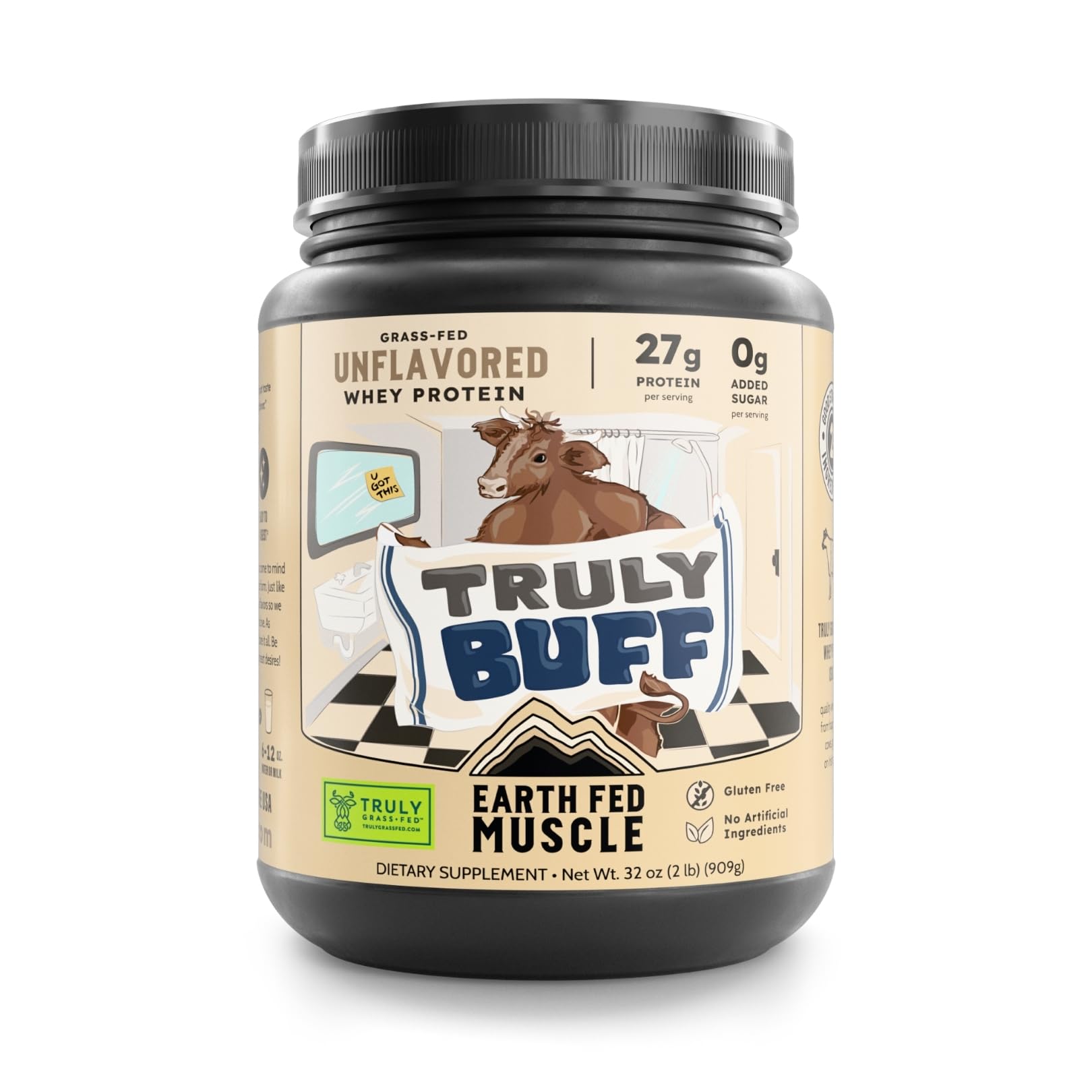 Earth Fed Muscle envase frontal mostrando pureza y 27 g proteína