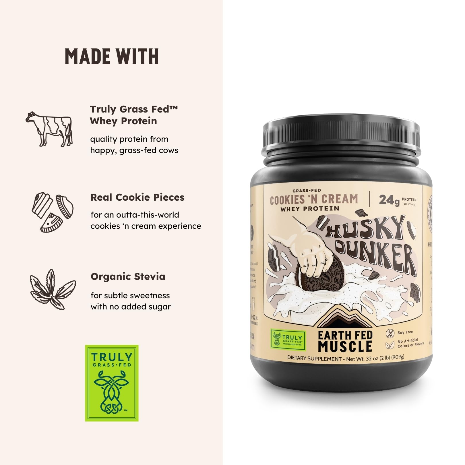 Earth Fed Muscle cuchara con porción de 24 g de proteína