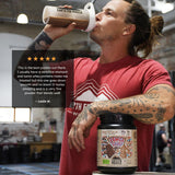Ingredientes reales: mantequilla de cacahuete y cacao junto al envase Earth Fed Muscle