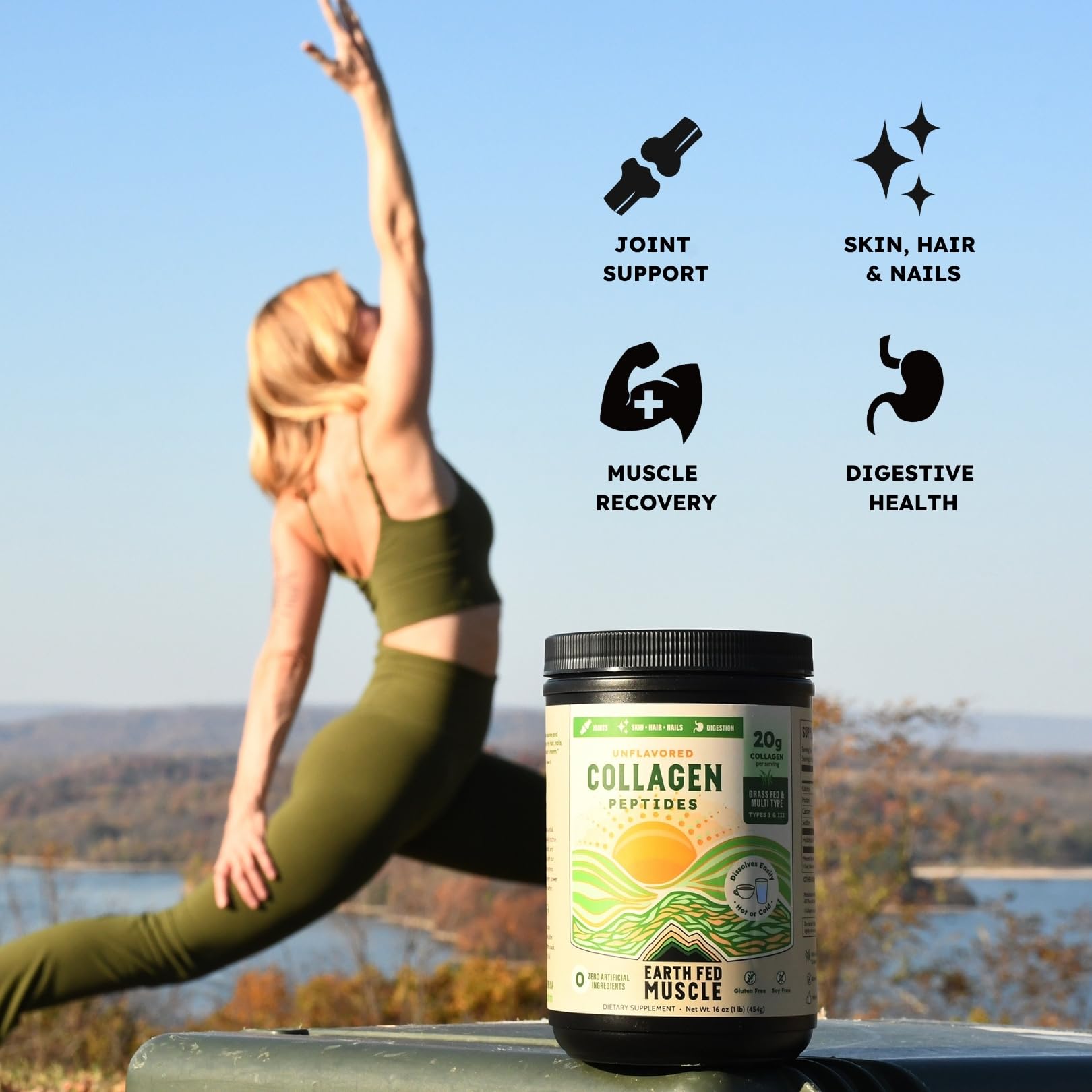 Earth Fed Muscle cucharada medidora mostrando 20 g de proteína por porción