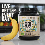 Earth Fed Muscle panqueques preparados con Go! Bananas como alternativa proteica