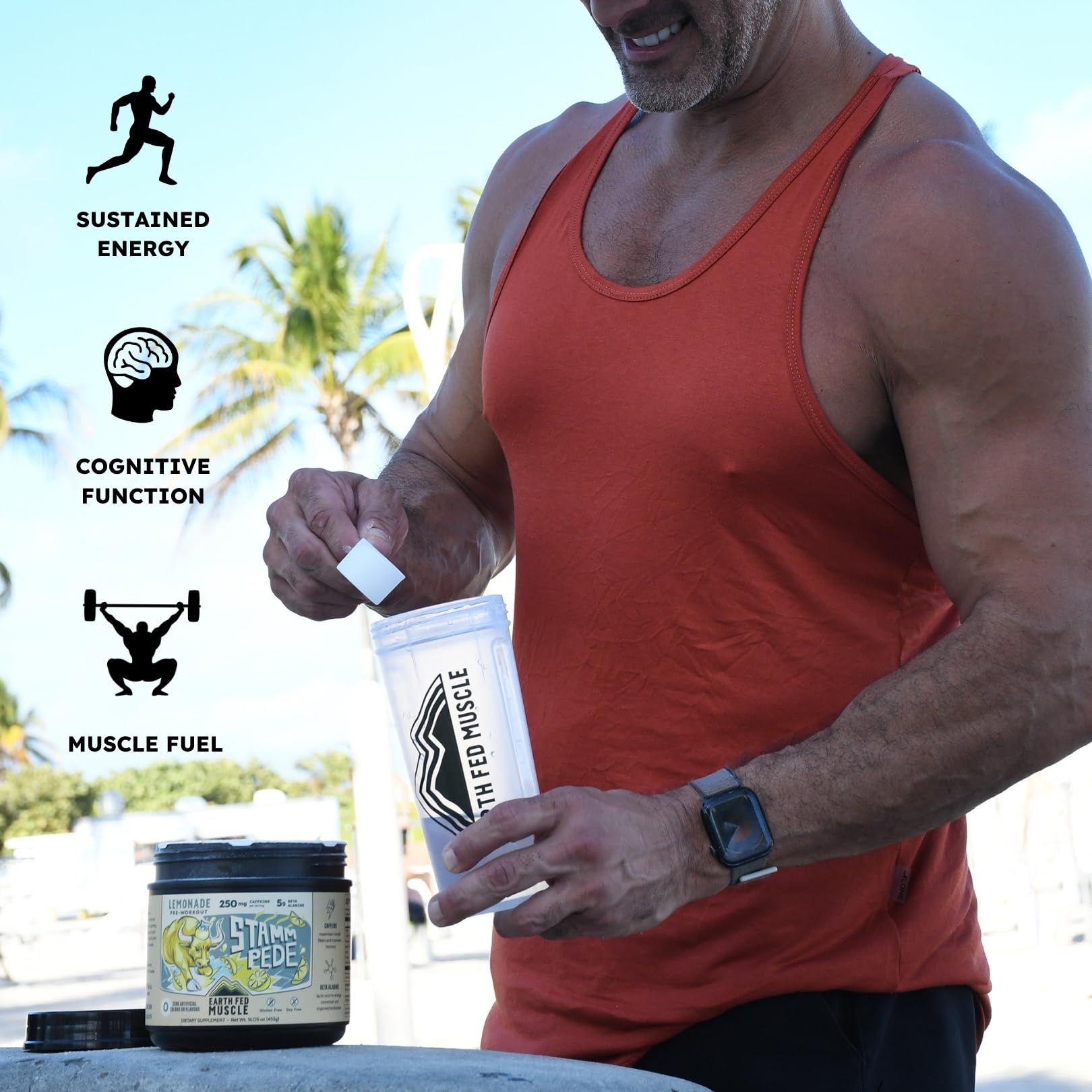 Earth Fed Muscle cuchara con porción medida ilustrando cantidad por servicio