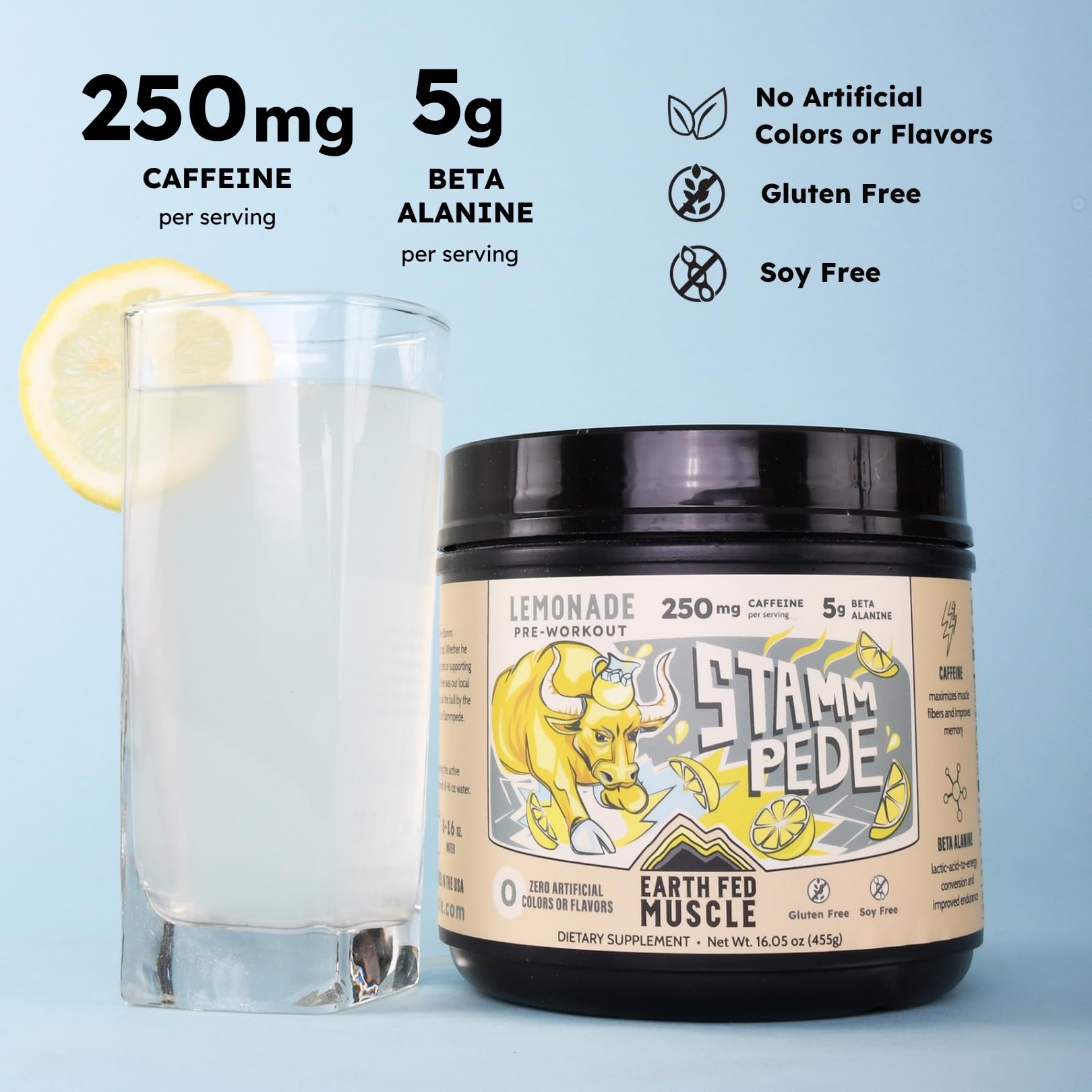 Earth Fed Muscle polvo limón cerca para apreciar textura fina y mezcla homogénea