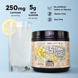 Earth Fed Muscle polvo limón cerca para apreciar textura fina y mezcla homogénea