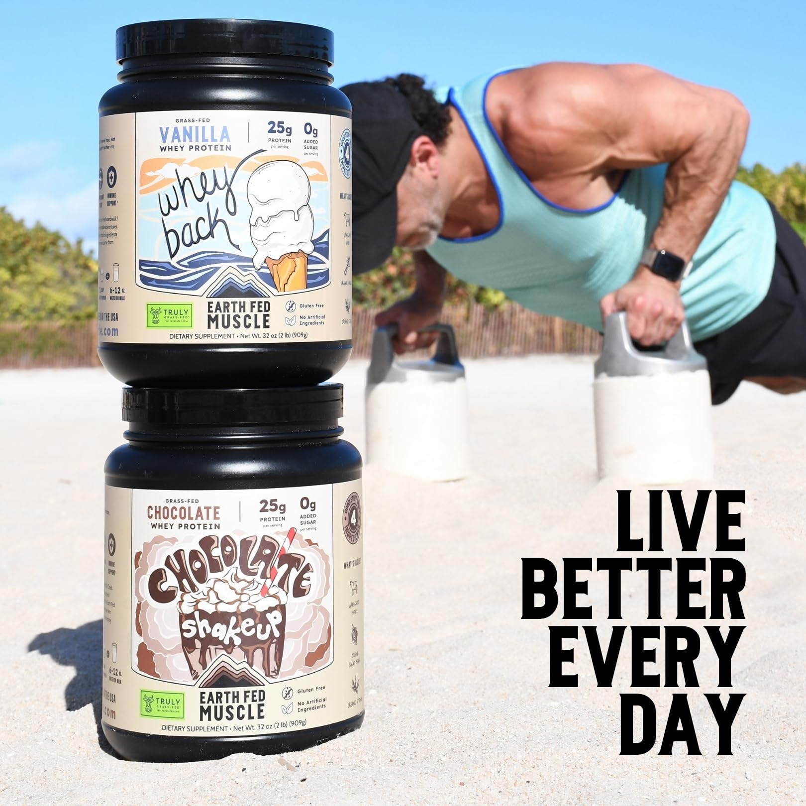Earth Fed Muscle envase en manos para comparar tamaño y porciones