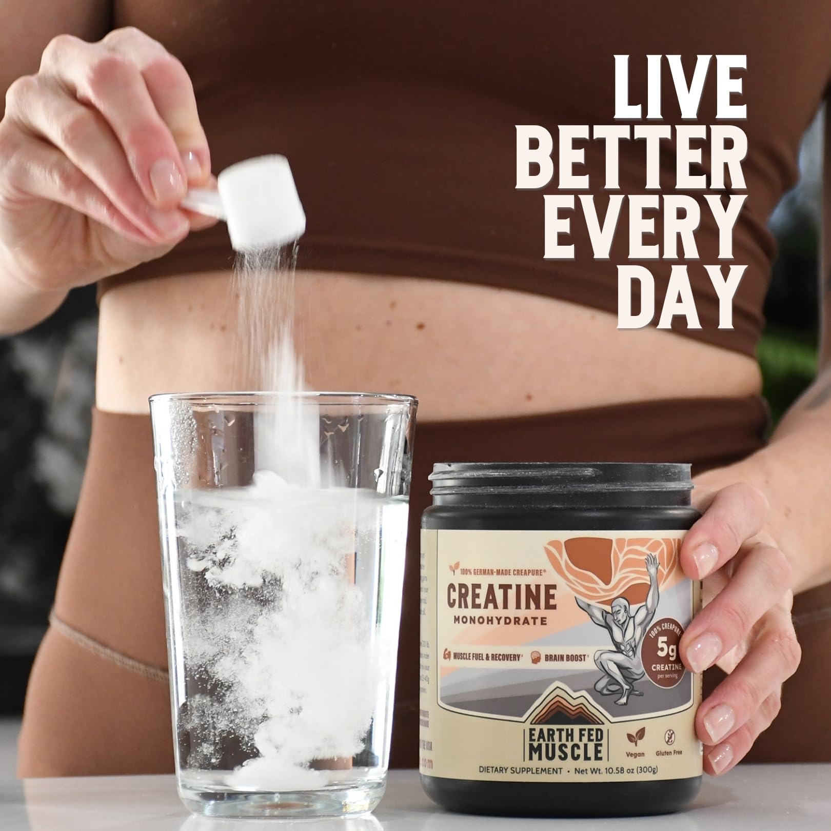 Batido pre-entrenamiento con Earth Fed Muscle enfatizando adaptabilidad y sabor neutro
