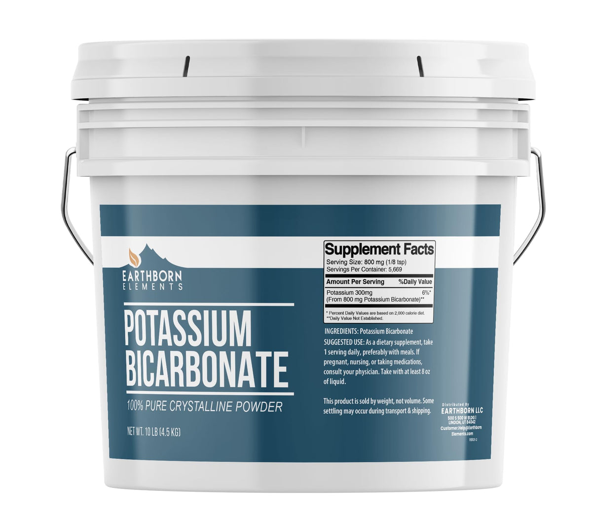 Earthborn Elements cubeta frontal mostrando etiqueta y galón para almacenamiento seguro