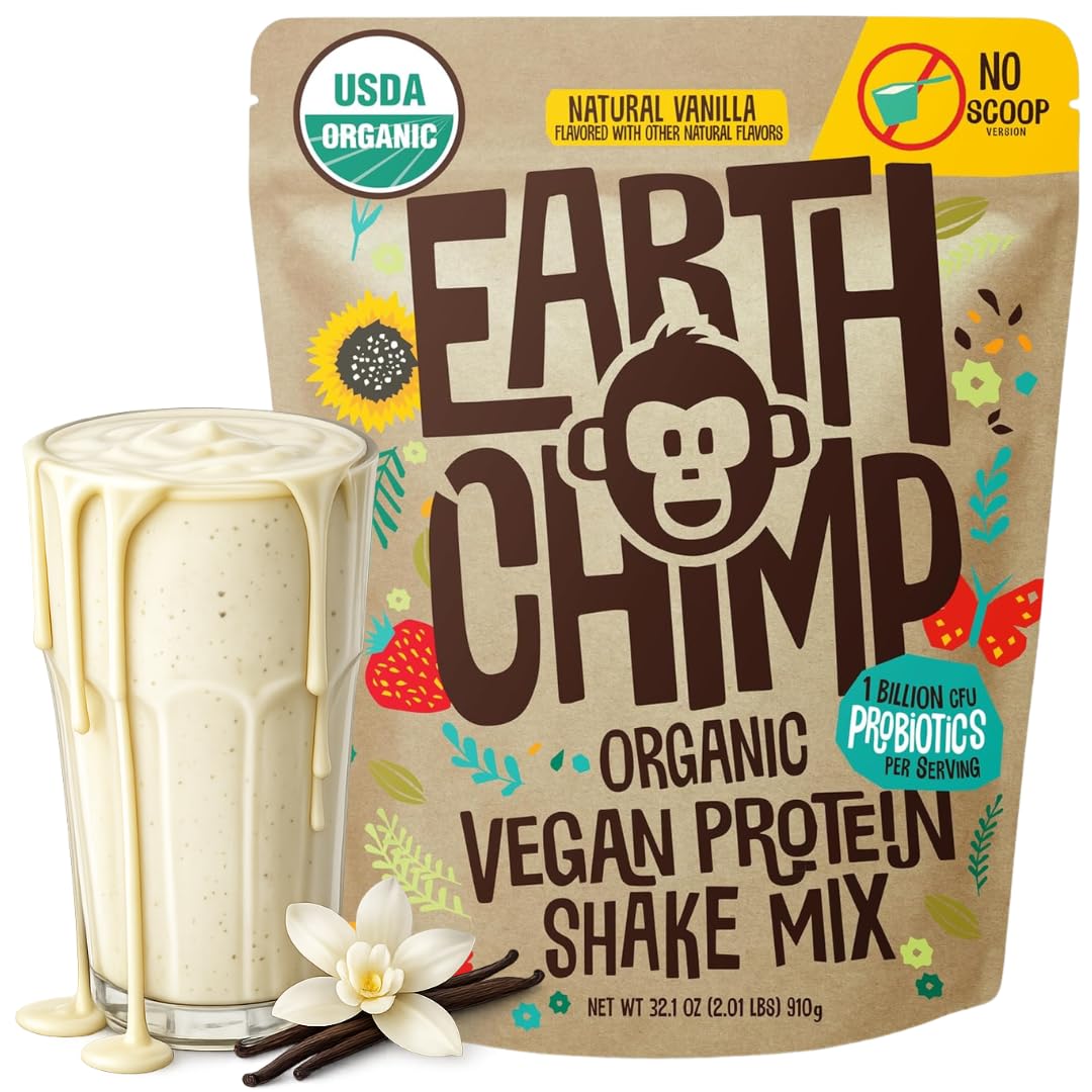 EarthChimp envase frontal sabor vainilla mostrando 26 raciones y beneficios orgánicos