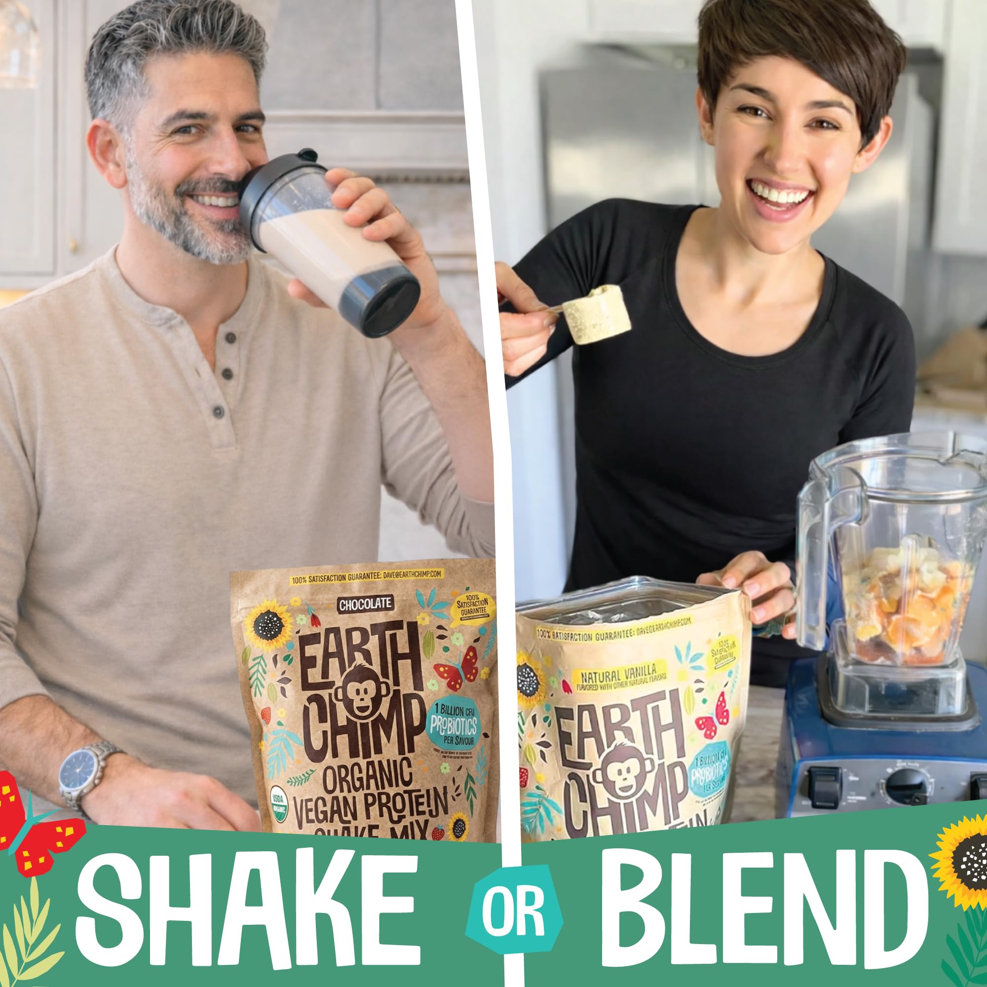 Escena de cocina con EarthChimp, ingredientes naturales y preparación de smoothie
