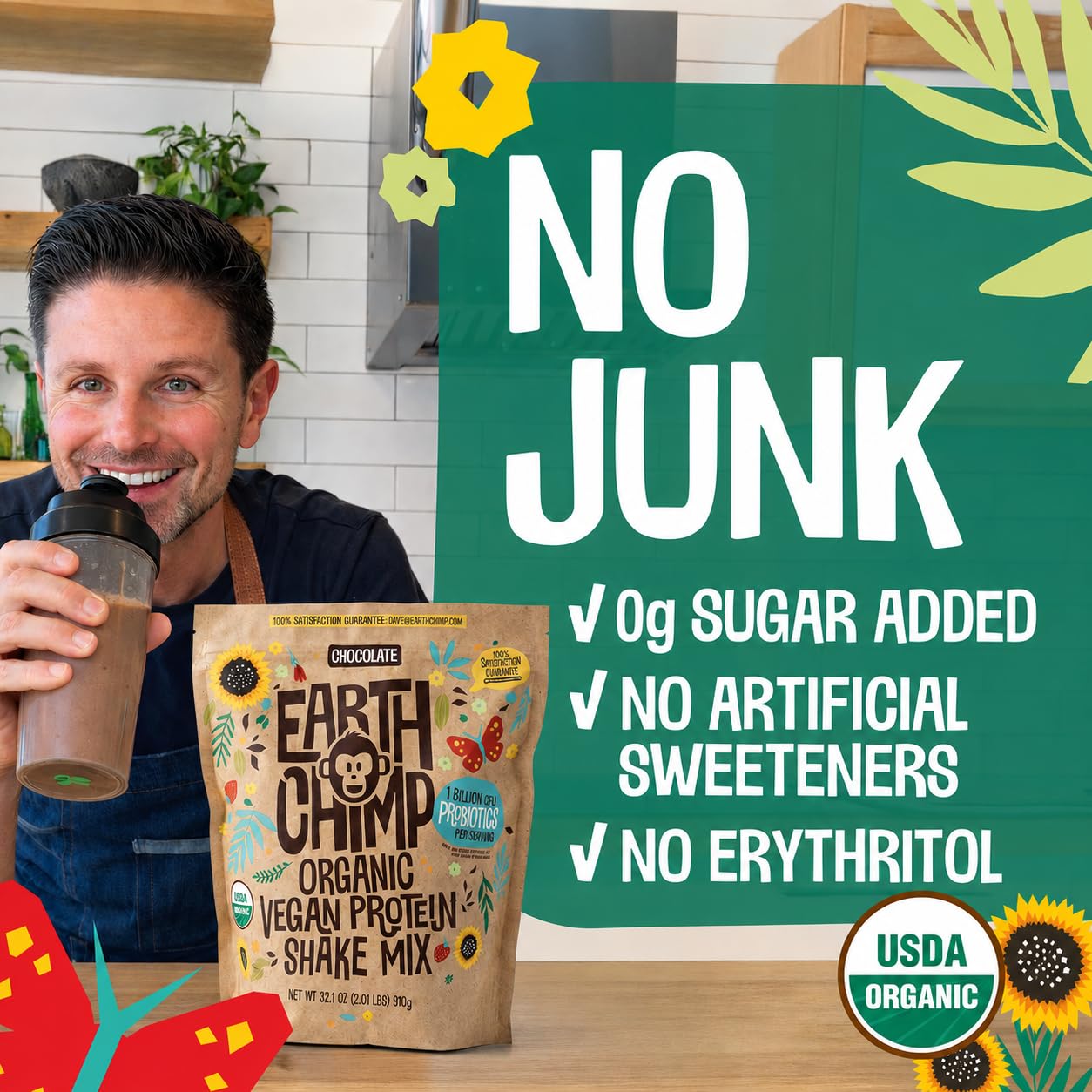 EarthChimp etiqueta con ingredientes y certificaciones orgánicas visibles, confianza