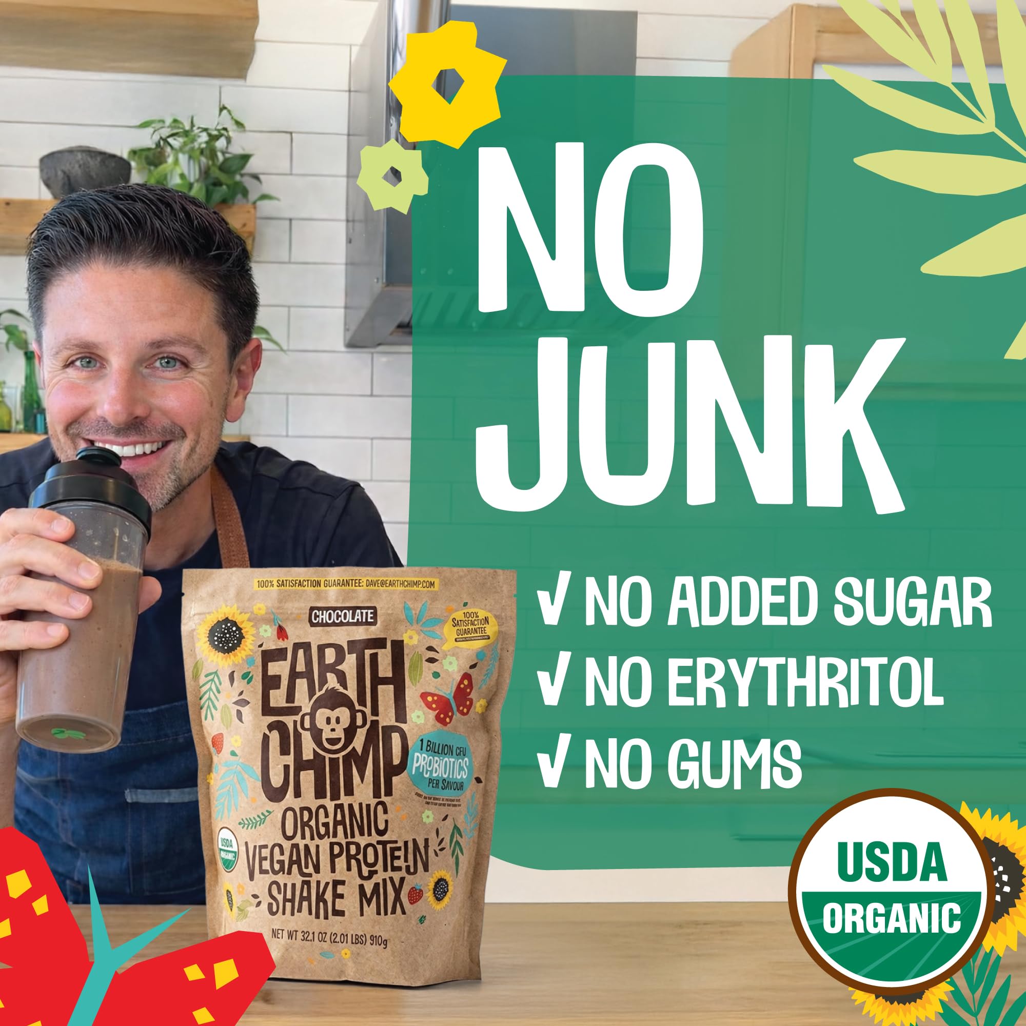 Etiqueta EarthChimp con sello USDA Organic y lista de ingredientes limpios