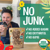 Etiqueta EarthChimp con sello USDA Organic y lista de ingredientes limpios