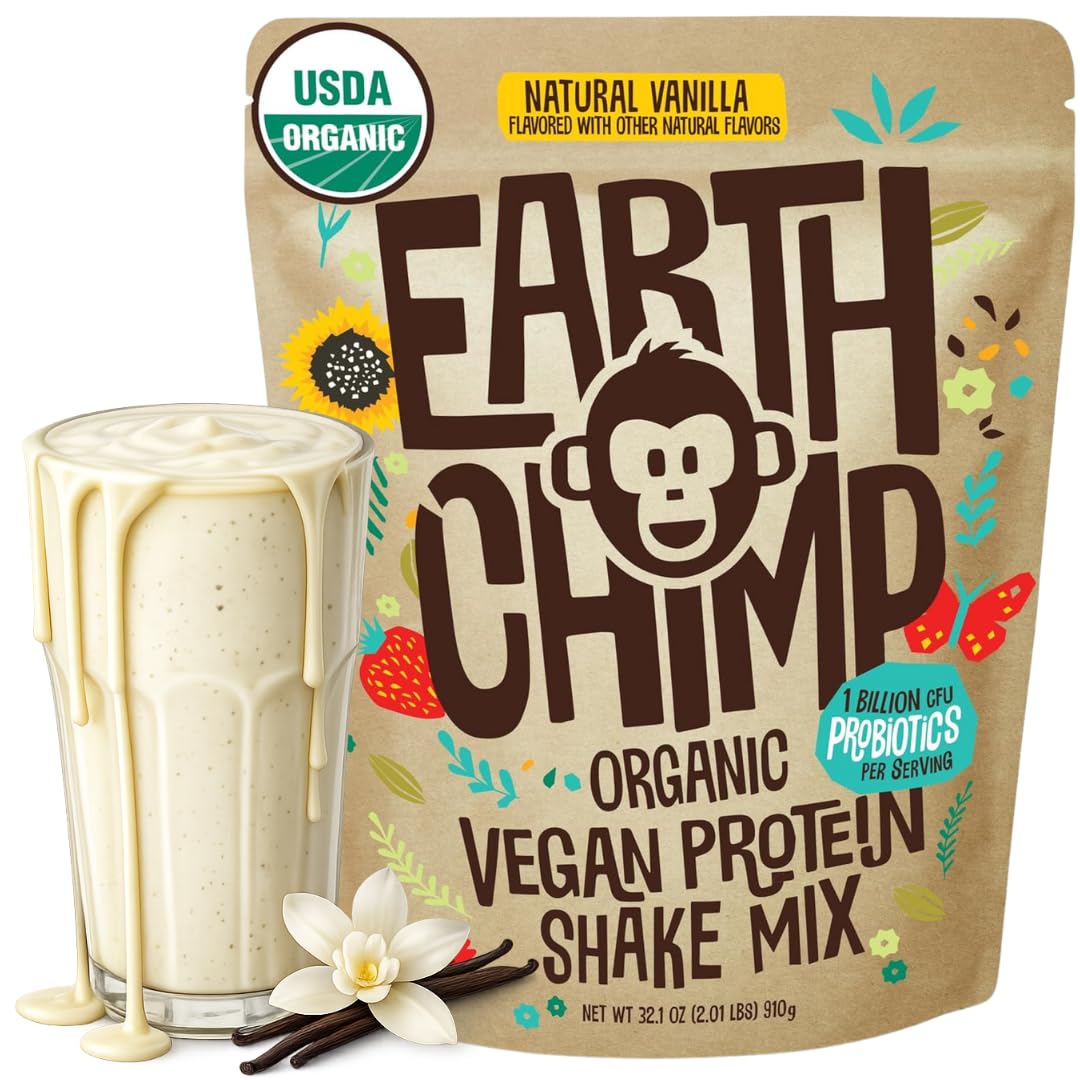 EarthChimp envase frontal mostrando la marca y sabor vainilla, calidad orgánica