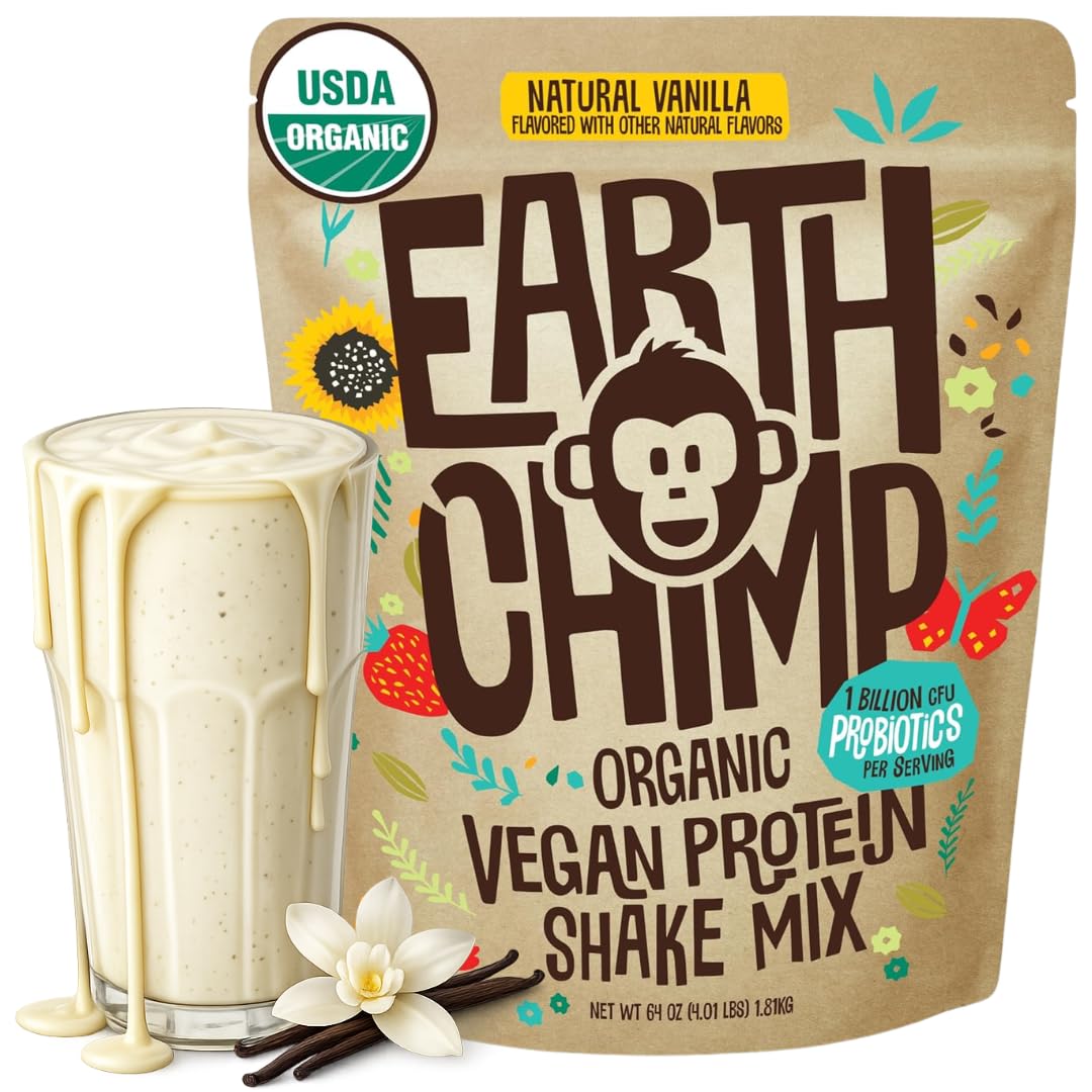 EarthChimp frente del envase vainilla mostrando el tamaño y beneficios