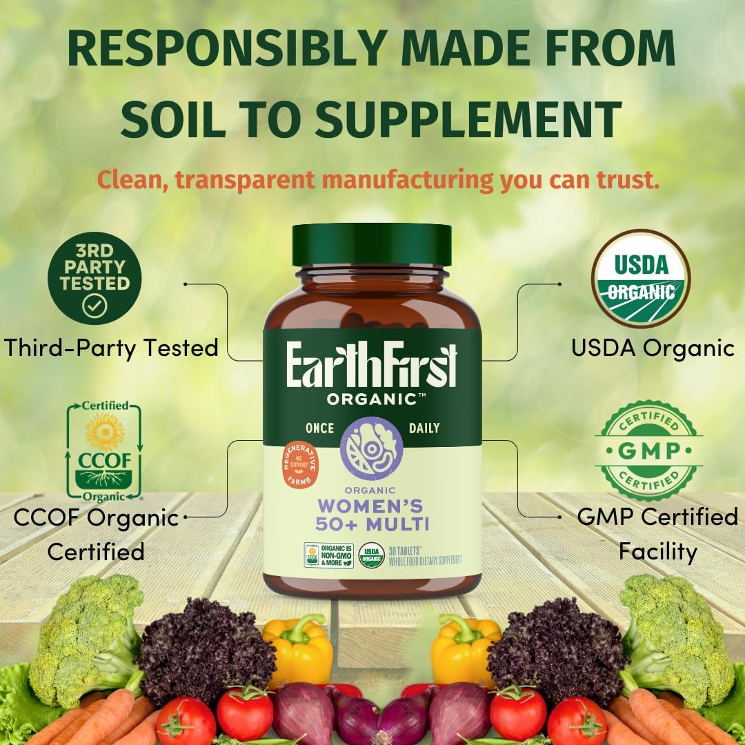 EarthFirst Organic insignias de certificación USDA Organic y CCOF visibles