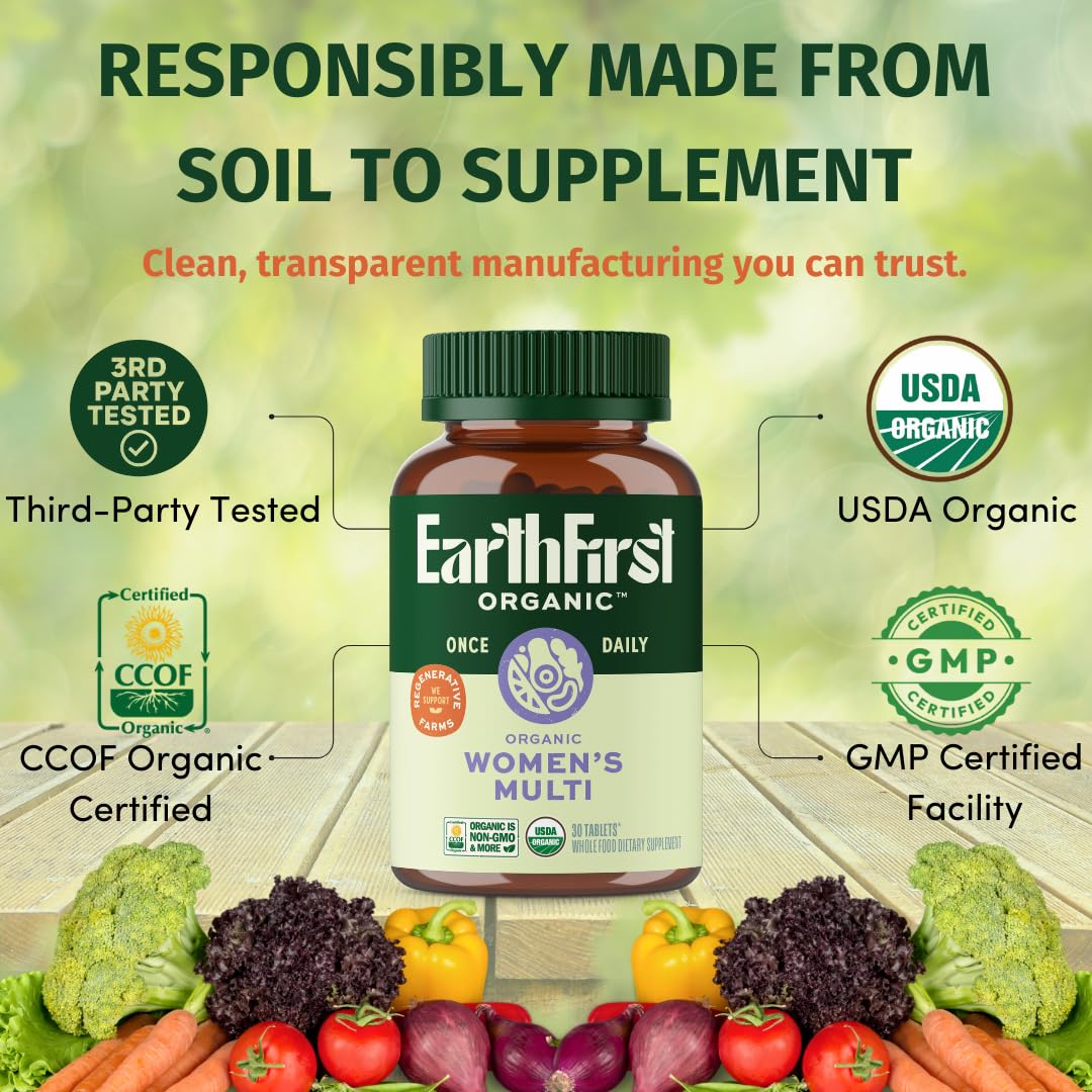 EarthFirst Organic etiqueta con información de nutrientes y tecnologías de procesado