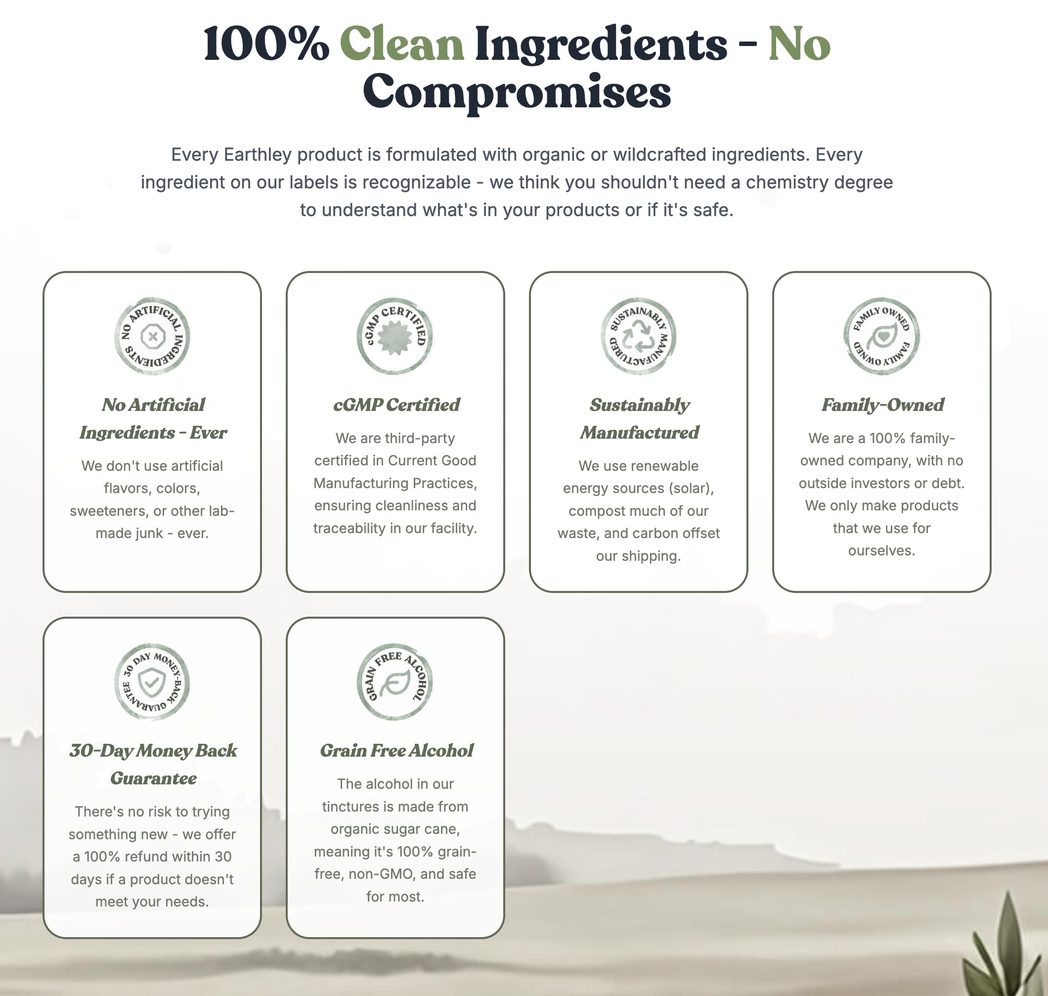 Earthley Wellness ingredientes secos agrupados resaltando origen orgánico